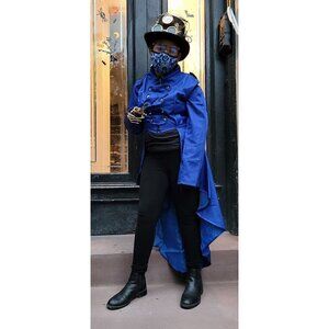 𝅺STEAMPUNK Victorian Swallow Tail Long Trench Coat Jacket Blue Cosplay Punk NWT